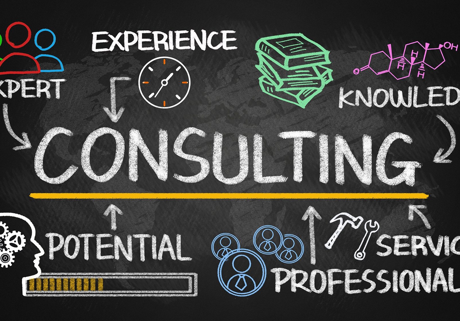 consulting chart with business elements on blackboard